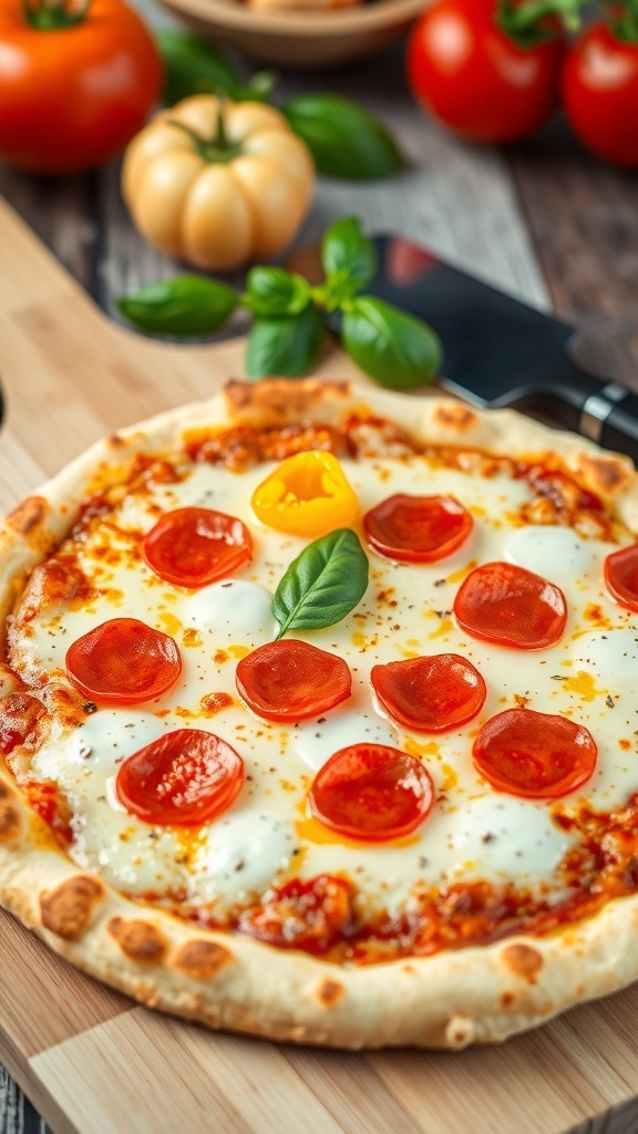 Homemade Thin Crust Pizza Recipe A delicious thin crust pizza with cheese, pepperoni, and bell peppers on a wooden cutting board.